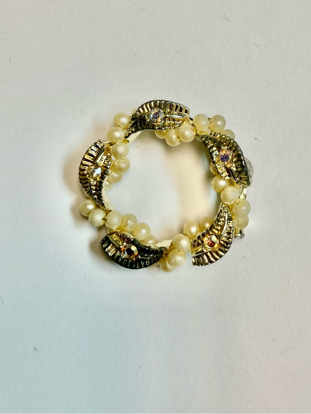 Gold-Tone Pearl Crystal Circle Brooch